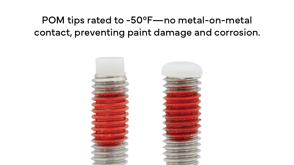 Close-up of the white POM tips on the set screws